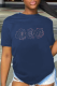 Navy Blue Street Print Patchwork O Neck T-Shirts