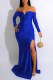 Blue Sexy Print Slit Letter V Neck Evening Dress Dresses