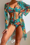 Blue Sexy Print Basic Swimsuit Three Piece Set (With Paddings)