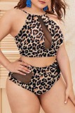 Burgundy Sexy Solid Leopard Patchwork See-through O Neck Plus Size Swimwear