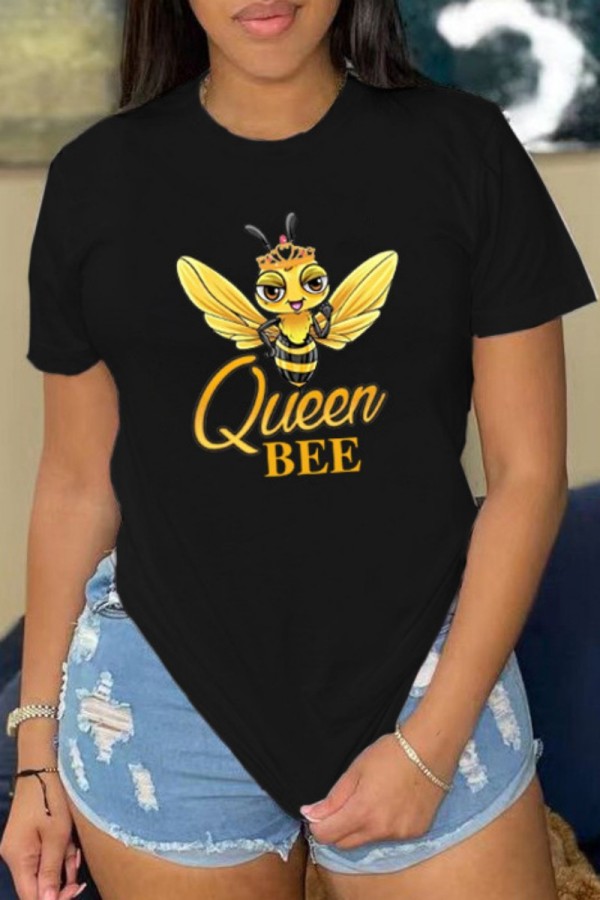 Black Casual Print Basic O Neck T-Shirts