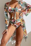Blue Sexy Print Basic Swimsuit Three Piece Set (With Paddings)