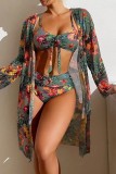 Blue Sexy Print Basic Swimsuit Three Piece Set (With Paddings)