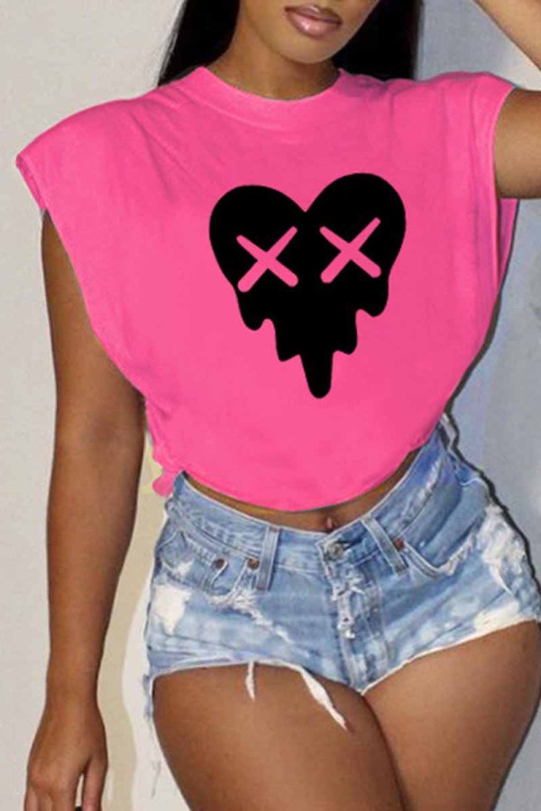 Rose Red Casual Print Patchwork O Neck T-Shirts
