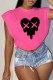Rose Red Casual Print Patchwork O Neck T-Shirts