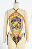 Yellow Sexy Print Bandage Backless Swimwears (Without Paddings)