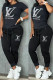 Black Casual Letter Hot Drill O Neck Short Sleeve Two Pieces