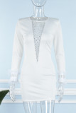 White Sexy Casual Patchwork Hot Drilling See-through O Neck Long Sleeve Dresses