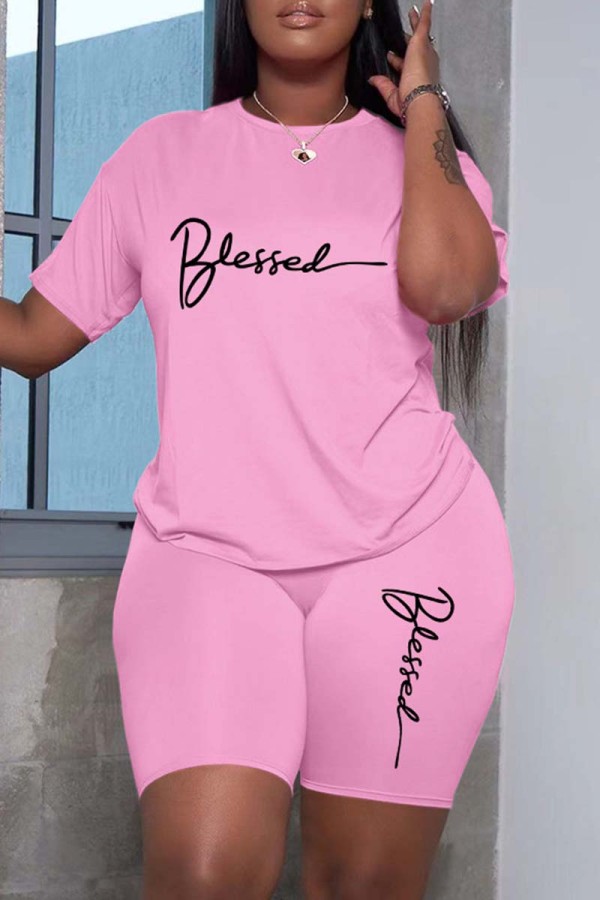 Pink Casual Print Basic O Neck Short Sleeve Two Pieces