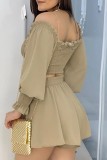 Coffee Casual Solid Patchwork Skull Off the Shoulder Long Sleeve Two Pieces