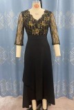 Black Casual Embroidery Patchwork V Neck Dresses