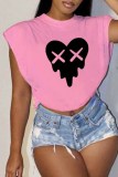 Pink Casual Print Patchwork O Neck T-Shirts