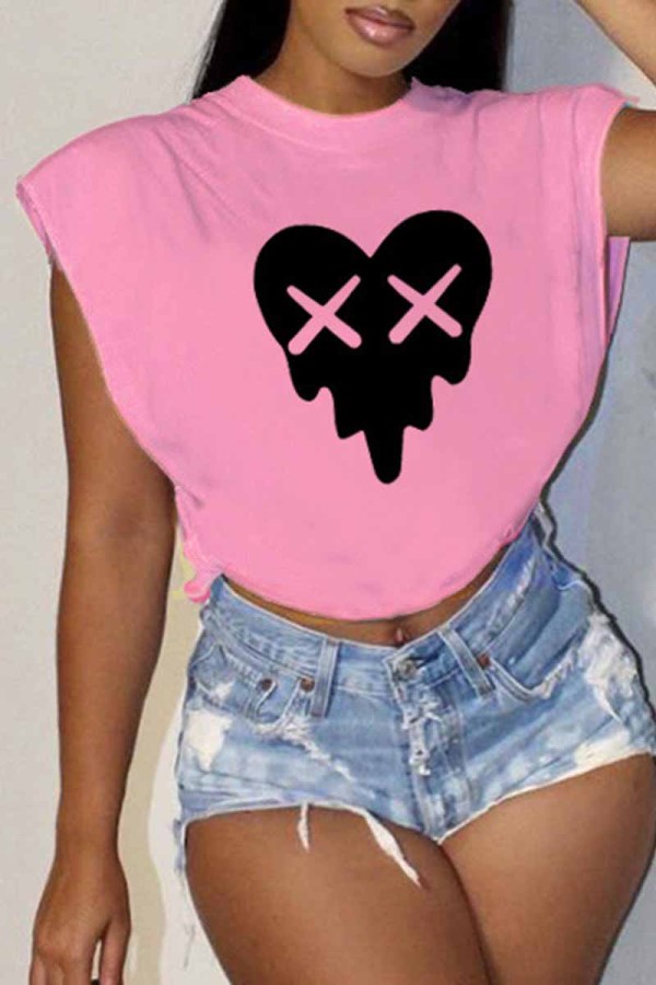 Pink Casual Print Patchwork O Neck T-Shirts