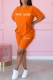 Orange Casual Print Letter O Neck Short Sleeve Two Pieces