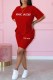 Red Casual Print Letter O Neck Short Sleeve Two Pieces