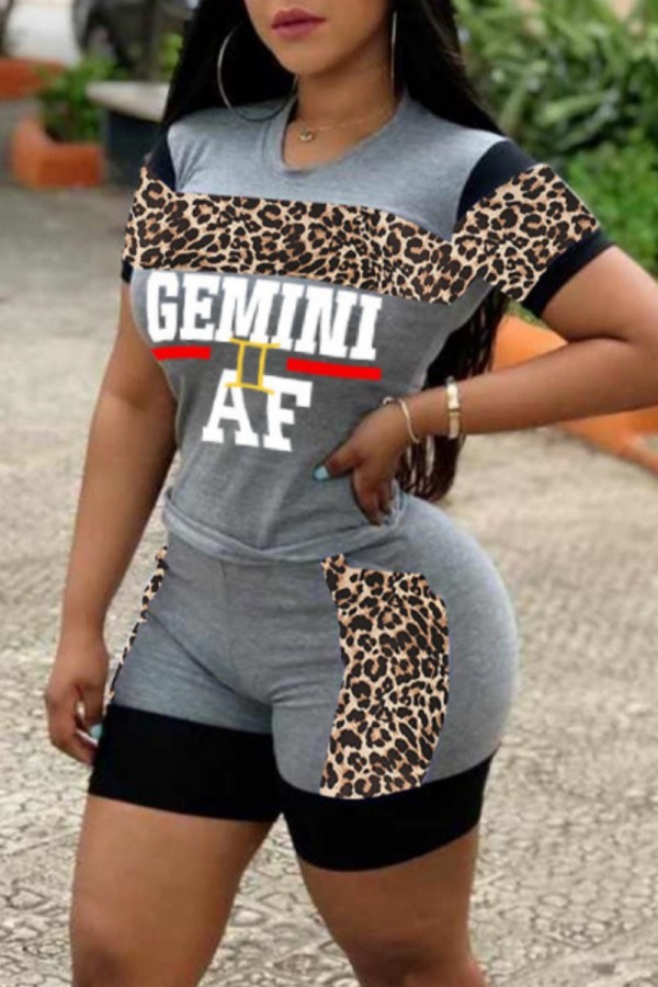 Grey Casual Letter Print Leopard Patchwork O Neck Short Sleeve Two Pieces