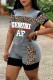 Grey Casual Letter Print Leopard Patchwork O Neck Short Sleeve Two Pieces
