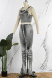 Black White Casual Street Patchwork O Neck Sleeveless Two Pieces