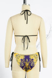 Yellow Sexy Print Bandage Backless Swimwears (Without Paddings)