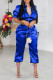 Blue Casual Solid Patchwork Zipper Zipper Collar Short Sleeve Two Pieces