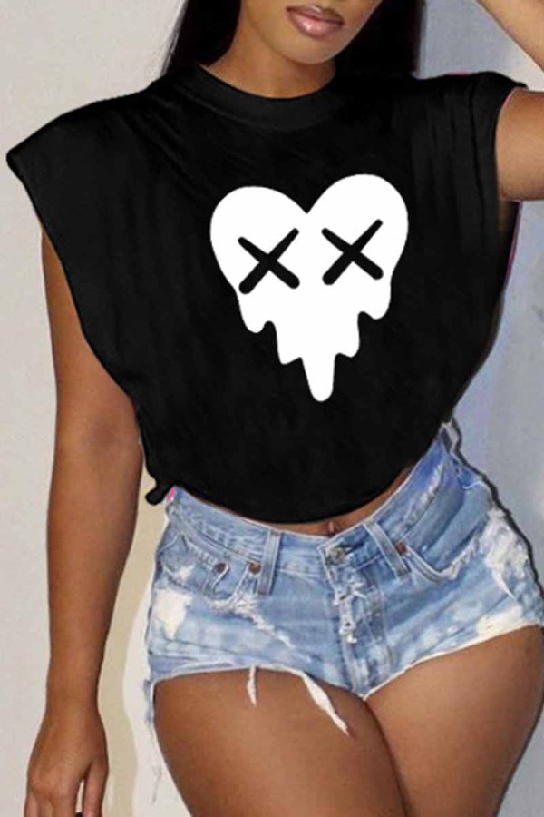 Black Casual Print Patchwork O Neck T-Shirts