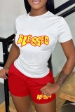 Red Casual Daily Letter Print Basic O Neck Short Sleeve Two Pieces