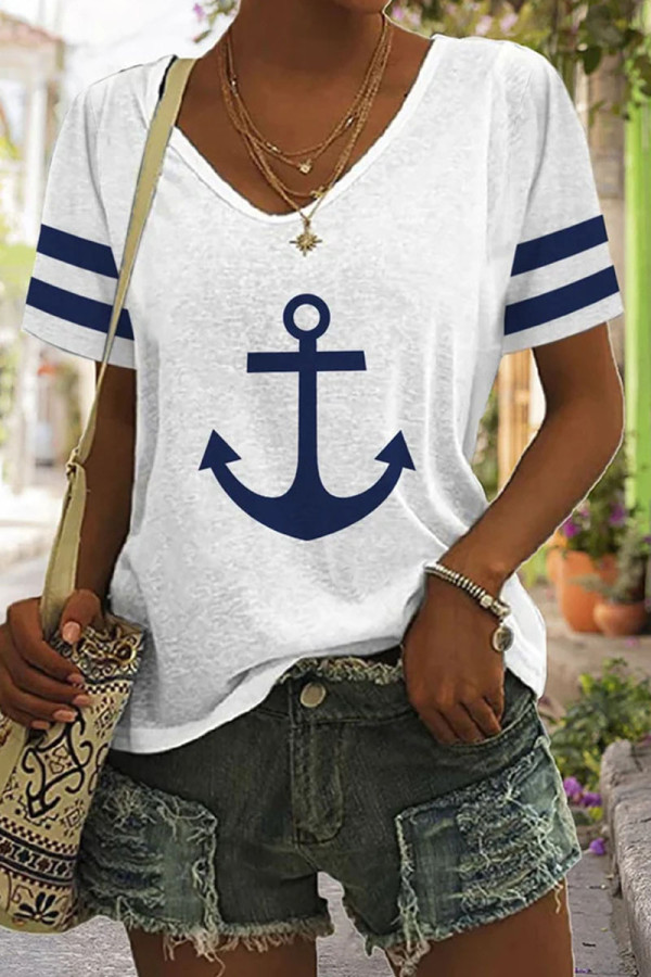 White Casual Print Basic V Neck T-Shirts