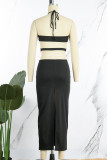 Black Sexy Solid Bandage Hollowed Out Backless Slit Halter Sleeveless Dress Dresses