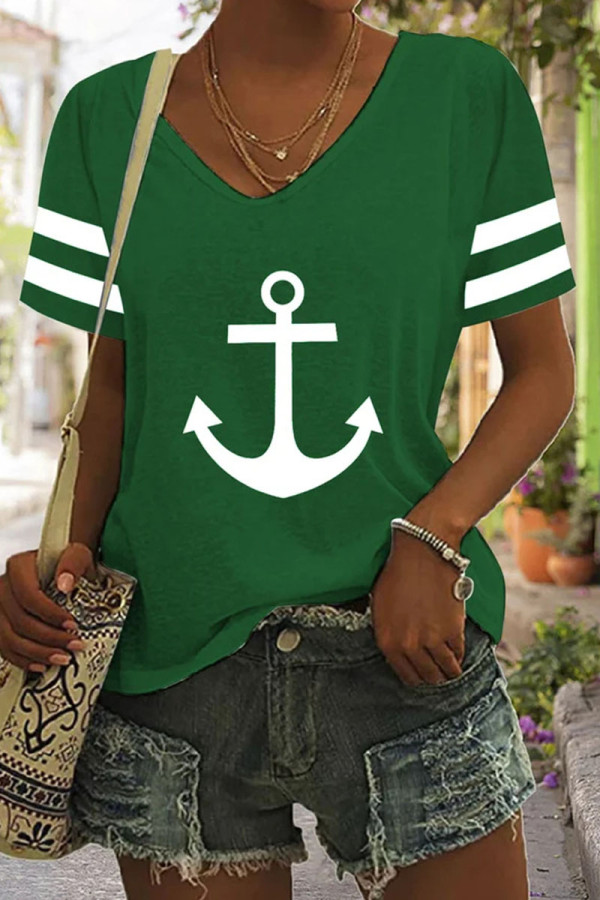 Green Casual Print Basic V Neck T-Shirts