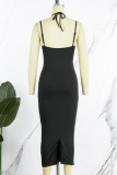 Black Sexy Patchwork Hollowed Out Backless Contrast Spaghetti Strap Sleeveless Dress Dresses