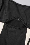 Black Sexy Patchwork Hollowed Out Backless Contrast Spaghetti Strap Sleeveless Dress Dresses