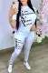 White Casual Print Letter O Neck Short Sleeve Two Pieces