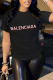 Black Casual Street Print Patchwork Letter O Neck T-Shirts