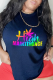 Navy Blue Street Vintage Print Patchwork Letter O Neck T-Shirts