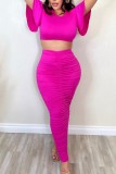 Deep Pink Casual Solid Fold O Neck Short Sleeve Two Pieces