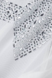 White Sexy Casual Patchwork Hot Drilling See-through O Neck Long Sleeve Dresses