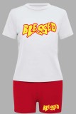 Red Casual Daily Letter Print Basic O Neck Short Sleeve Two Pieces