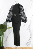 Black Casual Elegant Solid Patchwork With Belt O Neck One Step Skirt Dresses