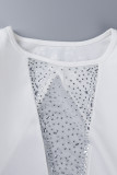White Sexy Casual Patchwork Hot Drilling See-through O Neck Long Sleeve Dresses