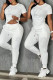 White Casual Letter Hot Drill O Neck Short Sleeve Two Pieces
