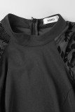 Black Casual Elegant Solid Patchwork With Belt O Neck One Step Skirt Dresses