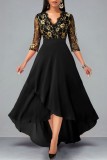 Black Casual Embroidery Patchwork V Neck Dresses