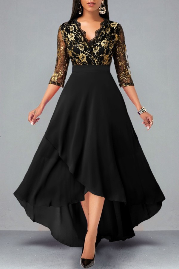 Black Casual Embroidery Patchwork V Neck Dresses