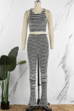 Black White Casual Street Patchwork O Neck Sleeveless Two Pieces