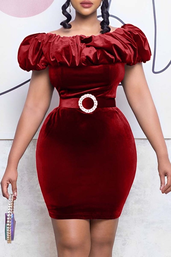Burgundy Casual Solid Patchwork Off the Shoulder Short Sleeve Dress Dresses