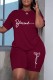Burgundy Casual Print Basic O Neck Short Sleeve Two Pieces