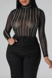 Apricot Sexy Patchwork Hot Drilling See-through Half A Turtleneck Tops