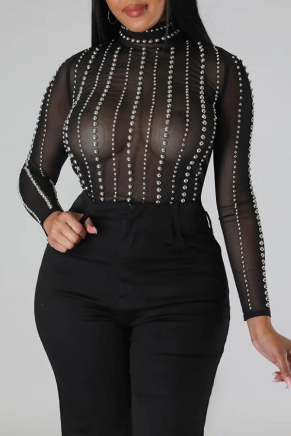 Black Sexy Patchwork Hot Drilling See-through Half A Turtleneck Tops