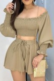 Coffee Casual Solid Patchwork Skull Off the Shoulder Long Sleeve Two Pieces