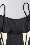 Black Sexy Patchwork Hollowed Out Backless Contrast Spaghetti Strap Sleeveless Dress Dresses